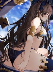Rule 34 | 1girl, armlet, ass, asymmetrical legwear, asymmetrical sleeves, bare shoulders, blue panties, blue sky, blush, breasts, brown hair, crown, day, detached sleeves, earrings, fate/grand order, fate (series), heavenly boat maanna, highres, hoop earrings, ishtar (fate), jewelry, long hair, looking to the side, medium breasts, panties, red eyes, single detached sleeve, single thighhigh, sitting, sky, smile, solo, thighhighs, thighs, tiara, two side up, underwear, uneven legwear, uneven sleeves, very long hair, weapon, xretakex