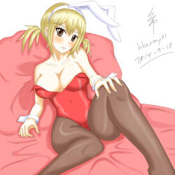 Rule 34 | 1girl, blonde hair, breasts, cleavage, fairy tail, large breasts, leotard, lucy heartfilia, playboy bunny, red leotard, solo