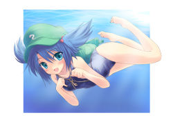 Rule 34 | 1girl, backpack, bag, barefoot, blue eyes, blue hair, face, feet, female focus, foreshortening, hair bobbles, hair ornament, hat, kawashiro nitori, key, matching hair/eyes, nirap, one-piece swimsuit, randoseru, school swimsuit, short hair, smile, solo, swimming, swimsuit, touhou, twintails, two side up, underwater