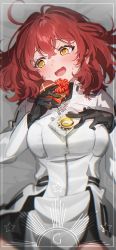 Rule 34 | 1girl, @ @, absurdres, black gloves, blush, candy, chocolate, chocolate heart, chocolate on body, chocolate on breasts, command code, command spell, embarrassed, fate/grand order, fate (series), food, food on body, fujimaru ritsuka (female), fujimaru ritsuka (female) (decisive battle chaldea uniform), galibo, gloves, has bad revision, has downscaled revision, heart, highres, jacket, md5 mismatch, official alternate costume, open mouth, orange eyes, orange hair, resolution mismatch, smile, solo, source smaller, valentine, wavy mouth, white jacket