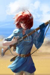Rule 34 | 1girl, absurdres, angry, belt, belt buckle, blue gloves, blue sky, blue tunic, bob cut, breasts, brown belt, brown eyes, brown pants, buckle, closed mouth, cloud, collarbone, commentary, cowboy shot, day, field, gloves, gun, hair over one eye, highres, holding, holding gun, holding weapon, kaze no tani no nausicaa, light frown, looking afar, loose hair strand, medium breasts, messy hair, nausicaa, outdoors, pants, red hair, seventbs, short hair, shotgun, shotgun shell, single glove, sky, solo, standing, v-shaped eyebrows, weapon, wind