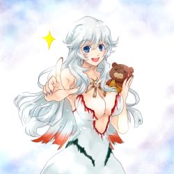 Rule 34 | 1boy, 1girl, artemis (fate), bare shoulders, bear, blue eyes, blush, breasts, dress, fate/grand order, fate (series), grey hair, jewelry, long hair, multicolored hair, nail polish, open mouth, orion (bear) (fate), pointing
