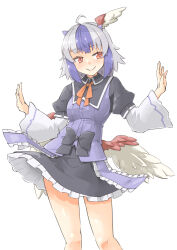 Rule 34 | 1girl, ahoge, arnest, black dress, blue dress, blue hair, blush, closed mouth, commission, dress, feet out of frame, frilled dress, frills, grey hair, head wings, highres, horns, long sleeves, multicolored hair, red eyes, short hair, simple background, single head wing, skeb commission, smile, solo, tokiko (touhou), touhou, two-tone hair, white background, wide sleeves, wings