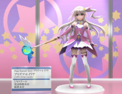 Rule 34 | 1girl, ankle wings, bare shoulders, baton, blonde hair, character name, copyright name, detached sleeves, dress, fate/kaleid liner prisma illya, fate (series), faux figurine, figure, holding, illyasviel von einzbern, layered dress, long hair, magical girl, one side up, pink dress, prisma illya (zwei form), purple dress, red eyes, siraha, solo, standing, star (symbol), thigh strap, thighhighs, very long hair, white dress, white thighhighs, wings, zettai ryouiki, zwei form