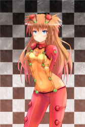 Rule 34 | 00s, 1girl, bad id, bad pixiv id, blue eyes, blush, bodysuit, brown hair, checkered background, evangelion: 2.0 you can (not) advance, female focus, latex, long hair, multicolored clothes, neon genesis evangelion, plugsuit, rebuild of evangelion, red bodysuit, see-through, see-through bodysuit, shiny clothes, skin tight, solo, souryuu asuka langley, sumapan, test plugsuit, very long hair, wide hips