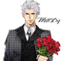 Rule 34 | 1boy, archer (fate), bad id, bad pixiv id, bouquet, brown eyes, fate/stay night, fate (series), flower, houndstooth, male focus, mitsuki mitsuno, red flower, red rose, rose, solo, white day, white hair
