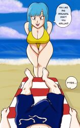 Rule 34 | 1boy, 1girl, aqua hair, artist request, ass, barefoot, blue eyes, blue sky, breasts, bulge, couple, curvy, dragon ball, dragonball z, embarrassed, english text, erection, erection under clothes, full body, head out of frame, highres, kuririn, large breasts, looking at another, looking at viewer, lying, maron (dragon ball), muscular, muscular male, ocean, one-piece swimsuit, seductive smile, shiny skin, simple background, sky, smile, standing, swimsuit, wide hips, yellow one-piece swimsuit