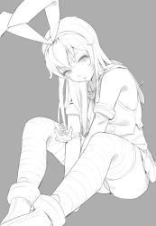 Rule 34 | 1girl, anchor, ankle boots, armpits, bare shoulders, between legs, boots, bow, closed mouth, crop top, elbow gloves, feet out of frame, gloves, grey background, greyscale, hair bow, hair ornament, hairband, hand between legs, head tilt, highres, kantai collection, long hair, looking at viewer, monochrome, panties, pantyshot, school uniform, serafuku, shimakaze (kancolle), simple background, sitting, solo, striped clothes, striped thighhighs, thighhighs, timbougami, underwear