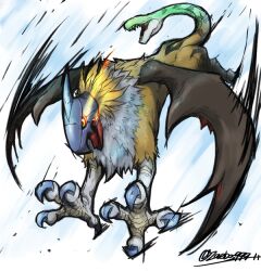 Rule 34 | artist request, claws, digimon, digimon (creature), flying, full body, glowing, glowing eyes, griffomon, griffon, helmet, looking at viewer, multiple heads, open mouth, sharp teeth, snake tail, solo, tail, teeth, wings, yellow eyes