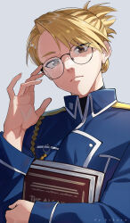 Rule 34 | 1girl, absurdres, adjusting eyewear, amestris military uniform, artist name, bespectacled, blonde hair, book, brown eyes, closed mouth, folded ponytail, fullmetal alchemist, glasses, grey background, hand up, highres, holding, holding book, kikaia, looking at viewer, military uniform, riza hawkeye, short hair, simple background, solo, uniform, upper body, wing collar