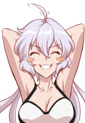 Rule 34 | 1girl, ahoge, axia-chan, bare shoulders, breasts, cleavage, closed eyes, grey hair, hair between eyes, highres, large breasts, long hair, open mouth, senki zesshou symphogear, shirt, sidelocks, twintails, white background, white shirt, yukine chris