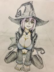 Rule 34 | 1girl, blair (soul eater), breasts, cleavage, hat, highres, large breasts, looking at viewer, navel, purple hair, smile, varon, witch hat