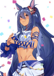 Rule 34 | 1girl, absurdres, animal ears, arm ribbon, bare shoulders, blue hair, blue ribbon, breasts, brown eyes, commentary, confetti, crop top, dark skin, fang, fang out, groin, hair between eyes, highres, hishi amazon (umamusume), horse ears, kento (kentdrawing), large breasts, long hair, looking at viewer, midriff, navel, ribbon, simple background, skirt, smile, solo, stomach, umamusume, upper body, very long hair, white background, white skirt