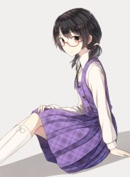 Rule 34 | 1girl, black hair, breasts, dress, fumei (mugendai), glasses, grey background, hand on own knee, kneehighs, long sleeves, looking at viewer, neck ribbon, orange eyes, pinafore dress, ribbon, shirt, short hair, short twintails, simple background, sitting, skirt, sleeveless dress, small breasts, smile, socks, solo, touhou, twintails, usami sumireko, white socks