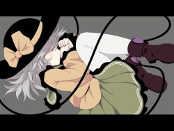 Rule 34 | 1girl, bow, closed eyes, dise (psychoro), female focus, fetal position, grey background, hat, hat bow, heart, highres, komeiji koishi, letterboxed, long sleeves, short hair, silver hair, sleeping, solo, touhou