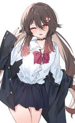 Rule 34 | 1girl, alternate costume, belt collar, black collar, black jacket, blue skirt, blush, bow, bowtie, brown hair, collar, cowboy shot, flower-shaped pupils, genshin impact, hair between eyes, hair ornament, highres, hu tao (genshin impact), jacket, jacket partially removed, long hair, long sleeves, looking at viewer, one eye closed, orange eyes, parted lips, pink bow, pink bowtie, sailor collar, shin murasame, shirt, simple background, sketch, skirt, smile, solo, symbol-shaped pupils, twintails, v, white background, white sailor collar, white shirt