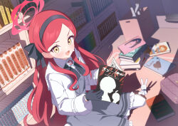 Rule 34 | 1girl, bag, black gloves, black hairband, blue archive, blush, book, dress, gloves, grey dress, hairband, halo, holding, holding book, indoors, jacket, kaerunrun, long hair, long sleeves, looking at viewer, open book, open clothes, open jacket, open mouth, red hair, red halo, solo, takane (blue archive), white jacket, yellow eyes