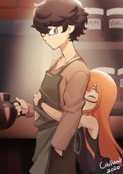 Rule 34 | 1boy, 1girl, 2020, absurdres, amamiya ren, apron, artist name, black eyes, black hair, black tank top, black wristband, blunt bangs, brown shirt, closed eyes, clothes around waist, coffee, coffee pot, collarbone, colo (nagrolaz), commentary, counter, dated, english commentary, glasses, green apron, hand in pocket, highres, holding, holding pot, hug, hug from behind, jacket, jacket around waist, long hair, long sleeves, looking to the side, orange hair, persona, persona 5, pot, sakura futaba, shirt, short hair, standing, tank top, v-neck, very long hair, wristband