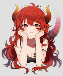 Rule 34 | 1girl, absurdres, bare shoulders, blurry, blush, breasts, cleavage, closed mouth, commentary request, depth of field, dola (nijisanji), dragon girl, dragon horns, grey background, hair between eyes, hands on own cheeks, hands on own face, head rest, heart, heart-shaped pupils, highres, horns, long hair, looking at viewer, lying, makurappoi, medium breasts, nijisanji, on stomach, pout, red eyes, red hair, simple background, sleeveless, solo, strapless, symbol-shaped pupils, tail, upper body, virtual youtuber, wavy mouth