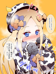 Rule 34 | 1girl, abigail williams (fate), alternate breast size, animal print, blonde hair, blue eyes, blush, bow, breasts, cow print, danna (tsukimisou), fate/grand order, fate (series), hair bow, highres, large breasts, long hair, multiple hair bows, nose blush, orange bow, parted bangs, purple bow, sleeves past fingers, sleeves past wrists, solo, speech bubble, translation request, upper body, very long hair