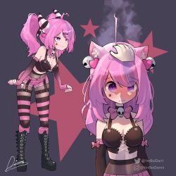Rule 34 | 1girl, ahoge, animal ear fluff, animal ears, bell, black collar, black footwear, black gloves, black tank top, blush, boots, bow, breasts, cat ears, collar, covered navel, crop top, demon horns, disembodied hand, elbow gloves, expressive hair, facial mark, fingerless gloves, full-face blush, full body, glove bow, gloves, gradient gloves, grey background, hair bell, hair ornament, hand on another&#039;s head, heart, highres, horns, instagram username, ironmouse, ironmouse (pink rock), knee boots, large breasts, long hair, multicolored hair, pantyhose, pink bow, pink gloves, pink shorts, purple hair, short shorts, shorts, signature, skull ornament, spiked collar, spikes, star (symbol), star facial mark, steaming body, streaked hair, striped clothes, striped horns, striped thighhighs, tank top, thighhighs, thighhighs over pantyhose, twintails, twitter username, virtual youtuber, vshojo, yerboidan1
