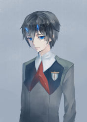 Rule 34 | 10s, 1boy, absurdres, bad id, bad pixiv id, black hair, blue eyes, blue horns, chu dengdeng, commentary request, darling in the franxx, highres, hiro (darling in the franxx), horns, long sleeves, male focus, military, military uniform, necktie, oni horns, red necktie, short hair, solo, uniform