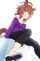 Rule 34 | 1girl, agnes tachyon (umamusume), ahoge, animal ears, bare shoulders, black pants, breasts, brown hair, casual, collarbone, commentary request, earrings, hair over one eye, highres, hori shin, horse ears, horse girl, horse tail, jewelry, looking at viewer, looking down, necklace, off-shoulder shirt, off shoulder, pants, purple shirt, shirt, short hair, signature, single earring, sitting, small breasts, smile, solo, tail, umamusume, white background, white footwear