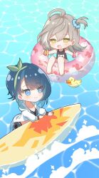 Rule 34 | 2girls, :d, afloat, ahoge, aizawa kazuha, assault lily, asymmetrical hair, bare legs, bare shoulders, barefoot, bikini, black one-piece swimsuit, blue bikini, blue eyes, blue hair, blue scrunchie, blush, bow, bow hairband, breasts, bright pupils, chibi, cleavage, closed mouth, collarbone, commentary request, cross-laced bikini, cross-laced clothes, day, green bow, green hairband, grey hair, hair between eyes, hair bow, hair ornament, hair scrunchie, hairband, hands up, highres, hood, hood down, hooded jacket, innertube, jacket, long hair, long sleeves, looking at another, looking to the side, medium breasts, multi-strapped bikini bottom, multicolored hair, multiple girls, name tag, official alternate costume, official alternate hairstyle, one-piece swimsuit, one side up, open mouth, outdoors, outstretched arms, partially submerged, pink innertube, pink scrunchie, renea0222, rubber duck, sasaki ran, school swimsuit, scrunchie, side-tie bikini bottom, sideways glance, sitting, smile, sparkle, streaked hair, surfboard, swim ring, swimsuit, swimsuit cover-up, wading, white jacket, white pupils, wrist scrunchie, yellow eyes, yellow scrunchie