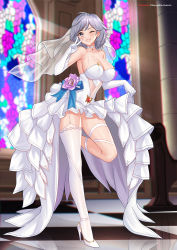 Rule 34 | 1girl, ;d, absurdres, asymmetrical legwear, azur lane, blush, breasts, bridal veil, bride, chungmechanic, cleavage, collarbone, dress, elbow gloves, flower, full body, gloves, grey eyes, grey hair, high heels, highres, indoors, large breasts, leotard, looking at viewer, medium hair, one eye closed, open mouth, pew, purple flower, seattle (azur lane), smile, solo, stained glass, standing, standing on one leg, strappy heels, thighhighs, uneven legwear, v, veil, wedding dress, white dress, white footwear, white gloves, white leotard, white thighhighs