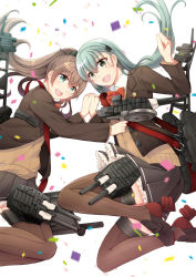 Rule 34 | 2girls, :d, aqua hair, blue eyes, bow, bowtie, brown cardigan, brown hair, brown jacket, brown legwear, brown skirt, cardigan, confetti, flight deck, frilled skirt, frills, green eyes, hair ornament, hairclip, holding, holding hands, holding turret, jacket, kantai collection, kumano (kancolle), kumano kai ni (kancolle), legs up, long hair, machinery, multiple girls, open clothes, open jacket, open mouth, pleated skirt, ponytail, red neckwear, rudder footwear, school uniform, skirt, smile, suzuya (kancolle), suzuya kai ni (kancolle), teramoto kaoru, thighhighs, turret