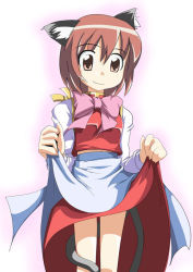 Rule 34 | 1girl, animal ears, apron, brown eyes, brown hair, cat ears, cat girl, cat tail, chen, clothes lift, female focus, lifted by self, multiple tails, no headwear, no headwear, short hair, skirt, skirt lift, smile, solo, tail, touhou