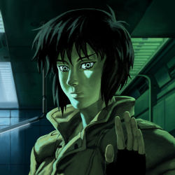 Rule 34 | 1girl, bob cut, cyberpunk, cyborg, fingerless gloves, ghost in the shell, gloves, hand on window, highres, jacket, kusanagi motoko, looking at viewer, mirror, realistic, reflection, science fiction, solo, william bao, window