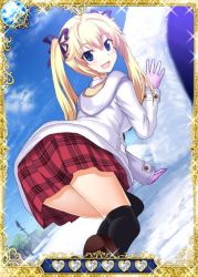 Rule 34 | 10s, 1girl, black ribbon, black thighhighs, blonde hair, blue eyes, card (medium), female focus, grisaia (series), grisaia no kajitsu, hair ribbon, long hair, looking at viewer, matsushima michiru, open mouth, outdoors, plaid, plaid skirt, red skirt, ribbon, skirt, sky, solo, thighhighs, tree, twintails