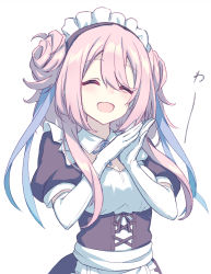 Rule 34 | 1girl, blush, breasts, cleavage, closed eyes, corset, elbow gloves, gloves, hair between eyes, long hair, maid, maid day, maid headdress, nogi lief, open mouth, original, own hands together, pink hair, simple background, smile, solo, white background, white gloves