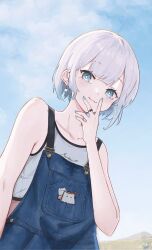 Rule 34 | 1girl, absurdres, bare shoulders, blue eyes, blue hair, blue nails, blue overalls, blue sky, closed mouth, cloud, cloudy sky, collarbone, crop top, day, denim overalls, dot nose, dutch angle, earrings, gradient hair, hand up, highres, jewelry, kaga sumire, looking at viewer, lupinus virtual games, mole, mole under eye, multicolored hair, nail polish, outdoors, overalls, signature, simuyutou, sky, smile, solo, tank top, upper body, v over mouth, virtual youtuber, vspo!, white hair, white tank top