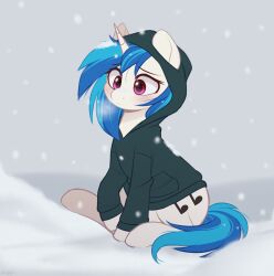 Rule 34 | 1girl, animal, black hoodie, blue hair, clothed animal, higgly.town.hero, highres, hood, hoodie, horns, long hair, my little pony, my little pony: friendship is magic, no humans, outdoors, purple eyes, single horn, sitting, snow, snowing, solo, unicorn, vinyl scratch, white fur