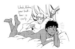 Rule 34 | 2boys, bed sheet, closed mouth, commentary, completely nude, curtains, dark-skinned male, dark skin, dungeon meshi, english commentary, english text, full body, hand on own cheek, hand on own face, hand up, highres, indoors, kabru, laios touden, leg hair, looking at another, looking at viewer, lying, male focus, multiple boys, nipples, nude, on bed, on stomach, open mouth, pillow, raccoon0ncaf, short hair, sparse leg hair, speech bubble, very short hair, white background, yaoi