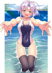 Rule 34 | 1girl, absurdres, black thighhighs, blue one-piece swimsuit, breasts, cleavage, competition swimsuit, covered navel, foreshortening, gher5555, green eyes, highres, langrisser, langrisser ii, large breasts, looking at viewer, one-piece swimsuit, partially submerged, seiza, sherry (langrisser), short hair, silver hair, sitting, solo, swimsuit, thighhighs, two-tone background, water