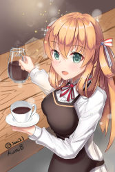 Rule 34 | 1girl, absurdres, alternate costume, apron, blush, breasts, brown hair, coffee, coffee mug, cup, eyes visible through hair, from side, girls&#039; frontline, green eyes, hair between eyes, hair bun, hair ribbon, highres, holding, holding jug, holding saucer, jug (bottle), kurobe, long hair, long sleeves, looking at viewer, medium breasts, mug, open mouth, red ribbon, ribbon, saucer, shirt, single hair bun, smile, solo, sparkle, springfield (girls&#039; frontline), table, white shirt