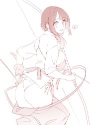 Rule 34 | 1girl, accidental exposure, archery, arrow (projectile), bow, bow (weapon), clothes pull, from behind, gloves, hair bow, hair over shoulder, hakama pull, highres, kyuudou, leaning forward, looking back, monochrome, muneate, original, panties, pants, pants falling, pants pull, parted lips, sasaoka gungu, side-tie panties, simple background, single glove, solo, string panties, underwear, wardrobe malfunction, weapon, white background