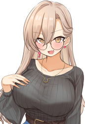 Rule 34 | 1girl, belt, black sweater, blue skirt, blush, breasts, brown belt, choco tanuki, collarbone, earrings, fang, hair between eyes, half updo, hand on own chest, heart, heart earrings, highres, jewelry, large breasts, light brown hair, long hair, long sleeves, looking at viewer, necklace, nijisanji, nui sociere, nui sociere (4th costume), official alternate costume, open mouth, parted bangs, ribbed sweater, round eyewear, simple background, skin fang, skirt, smile, solo, sweater, upper body, virtual youtuber, white background, yellow eyes