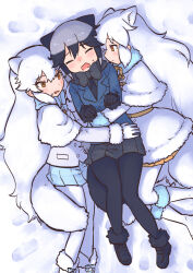 Rule 34 | 3girls, arctic fox (kemono friends), black bow, black bowtie, black footwear, black fur, black gloves, black hair, black necktie, black pantyhose, black skirt, blue bow, blue bowtie, blue fur, blue jacket, blue skirt, boots, bow, bowtie, capelet, closed eyes, coat, extra ears, footprints, frilled capelet, frills, fur collar, fur trim, girl sandwich, gloves, grey hair, highres, jacket, kemono friends, knee boots, long hair, long sleeves, lying, multicolored hair, multiple girls, necktie, official alternate costume, on back, open mouth, orange bow, orange bowtie, orange eyes, pantyhose, pleated skirt, rumenia (ao2is), sandwiched, sidelocks, silver fox (kemono friends), skirt, snow, sweatdrop, white capelet, white coat, white footwear, white fur, white gloves, white hair, white skirt