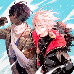 Rule 34 | 2boys, arjuna (fate), black hair, black jacket, blue background, blue eyes, brown eyes, can, coat, dark-skinned male, dark skin, earrings, fate/grand order, fate (series), highres, holding, holding can, jacket, jewelry, karna (fate), looking at viewer, male focus, multiple boys, open clothes, open jacket, overcoat, sakuramochi1003, scarf, short hair, turtleneck, upper body, white hair, white scarf
