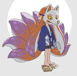 Rule 34 | 1girl, blue haori, colored tips, commentary request, fox mask, full body, geta, grey background, inkling, inkling girl, inkling player character, long hair, mask, multicolored hair, multiple tails, nintendo, orange hair, pointy ears, purple hair, simple background, sleeves past fingers, sleeves past wrists, solo, splatoon (series), tail, tentacle hair, tentacle tail, teo (teorekka), two-tone background, two-tone hair, very long hair, white background