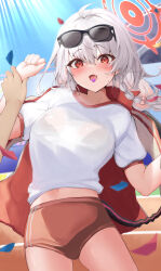 Rule 34 | 1girl, absurdres, black tail, blue archive, blush, braid, candy, demon wings, eyewear on head, food, food in mouth, grey hair, gym shirt, halo, haruna (blue archive), haruna (track) (blue archive), highres, jacket, jacket on shoulders, long hair, looking at viewer, official alternate costume, open mouth, red eyes, red halo, red jacket, running track, shirt, side braid, single wing, solo focus, sunglasses, towrituka, track jacket, wings