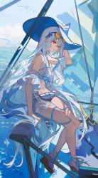 Rule 34 | 1girl, arknights, bare shoulders, blue shorts, commentary, eyewear on head, grey hair, hair between eyes, highres, long hair, orca hair ornament, outdoors, parted lips, red eyes, sandals, satsuya, shirt, short shorts, shorts, sitting, skadi (arknights), skadi (waverider) (arknights), solo, sunglasses, thigh strap, thighs, very long hair, water, white headwear, white shirt
