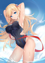 Rule 34 | 1girl, :o, armpits, arms up, bare hips, bison cangshu, black one-piece swimsuit, blonde hair, blue eyes, blue sky, blush, braid, breasts, chinese commentary, cloud, commentary request, competition swimsuit, covered navel, crown braid, day, large breasts, long hair, looking at viewer, one-piece swimsuit, open mouth, outdoors, richelieu (warship girls r), sideboob, sky, solo, sun, sunlight, swimsuit, thighs, v-shaped eyebrows, very long hair, wading, warship girls r, water, wet