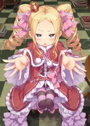 Rule 34 | &gt;:o, 10s, 1girl, :o, beatrice (re:zero), blonde hair, blush, book, bow, bug, butterfly, butterfly-shaped pupils, capelet, checkered floor, crown, dress, drill hair, frilled dress, frilled sleeves, frills, from above, full body, fur trim, hair ribbon, highres, incoming hug, indoors, insect, knees together feet apart, long hair, long sleeves, looking at viewer, mafuyun, mini crown, open mouth, outstretched arms, pantyhose, pom pom (clothes), re:zero kara hajimeru isekai seikatsu, reflection, ribbon, shoes, sidelocks, solo, striped clothes, striped pantyhose, symbol-shaped pupils, table, teeth, twin drills, twintails, v-shaped eyebrows