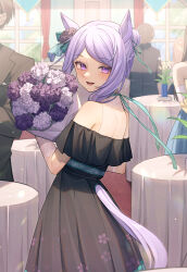 Rule 34 | 2boys, 3girls, absurdres, alternate costume, alternate hair length, alternate hairstyle, animal ears, black dress, blush, bouquet, dress, elbow gloves, flower, gloves, highres, holding, holding bouquet, horse ears, horse girl, horse tail, indoors, isana615, looking at viewer, mejiro mcqueen (umamusume), multiple boys, multiple girls, open mouth, purple eyes, purple hair, smile, tail, umamusume, white gloves