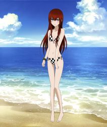 Rule 34 | 1girl, absurdres, bare legs, bare shoulders, barefoot, beach, bikini, blue sky, blush, breasts, brown hair, checkered bikini, checkered clothes, cleavage, cloud, collarbone, day, embarrassed, feet, female focus, front-tie top, full body, hair between eyes, halterneck, highres, knees together feet apart, legs, long hair, long image, looking at viewer, makise kurisu, navel, non-web source, ocean, official art, outdoors, purple eyes, sand, scrunchie, shade, side-tie bikini bottom, skinny, sky, small breasts, solo, standing, steins;gate, swimsuit, tall image, thigh gap, thighs, toes, very long hair, water